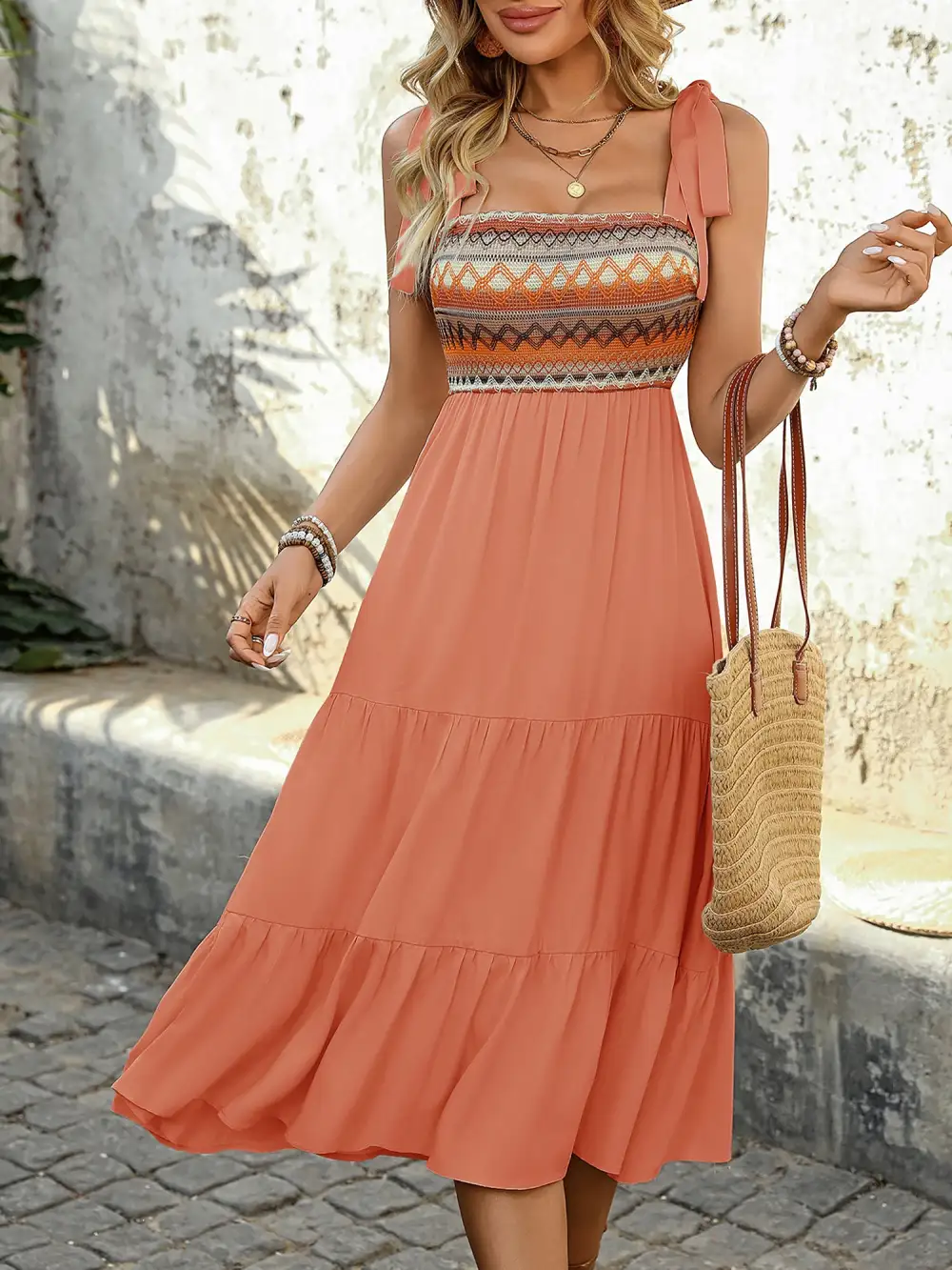 Boho Floral-Embroidered Sleeveless Tiered Midi Dress