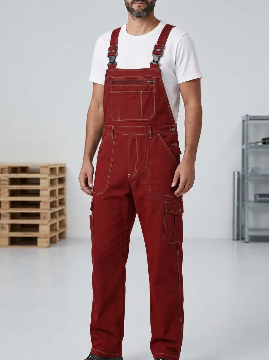 Men's Multi-Pocket Contrast Stitch Bib Work Overalls