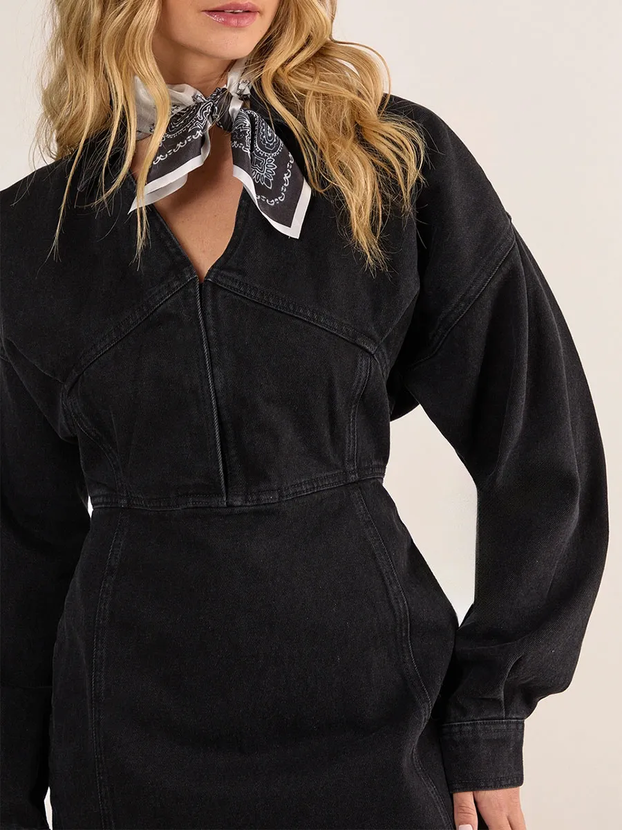 Women's Black Waist-Cinched Denim Shirt Dress