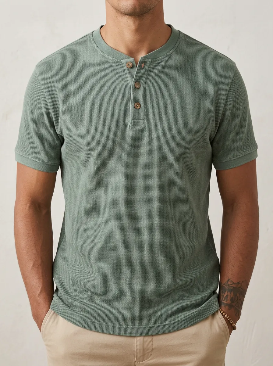 Button-Placket Ribbed Textured Men's Short-Sleeve Henley Shirt