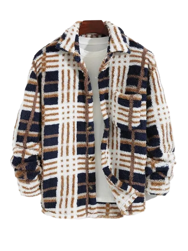Men's Plaid Print Button Front Fleece Winter Jacket, Casual Comfortable Warmth Regular Fit Long Sleeve Pockets Warm Fleece Material Outerwear for Fall & Winter, Mens Clothing, Men's Clothes for Daily Wear