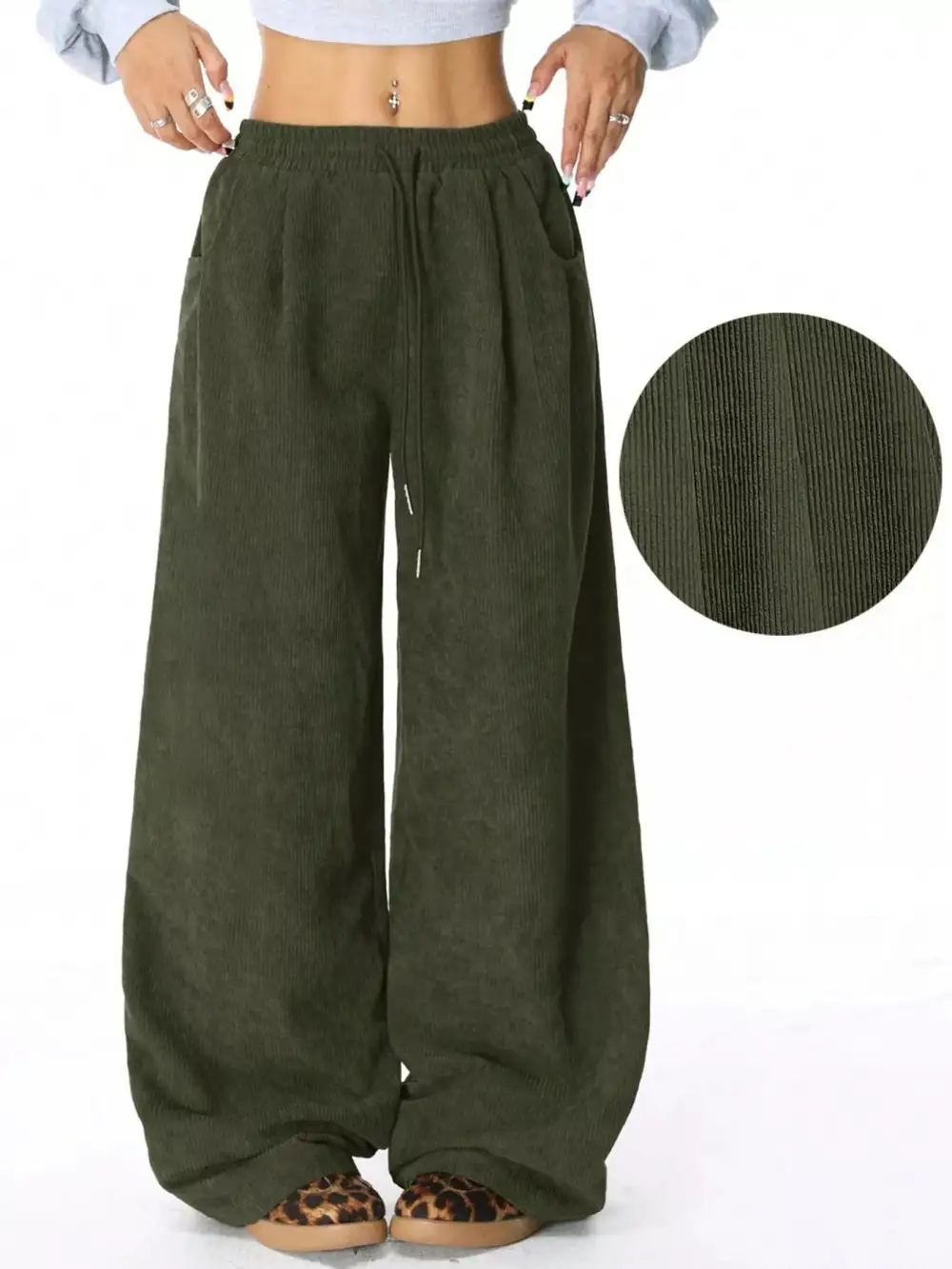 Wide Leg Corduroy Drawstring Pocketed Pants