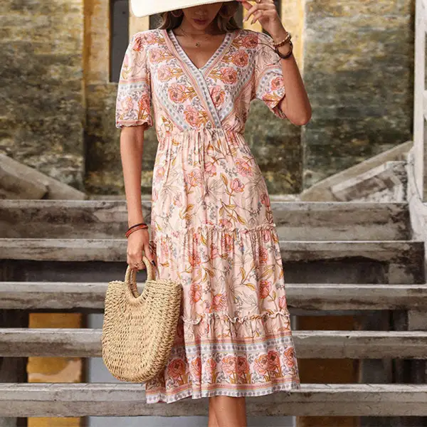 Women's V-Neck Floral Belted Summer Midi Dress