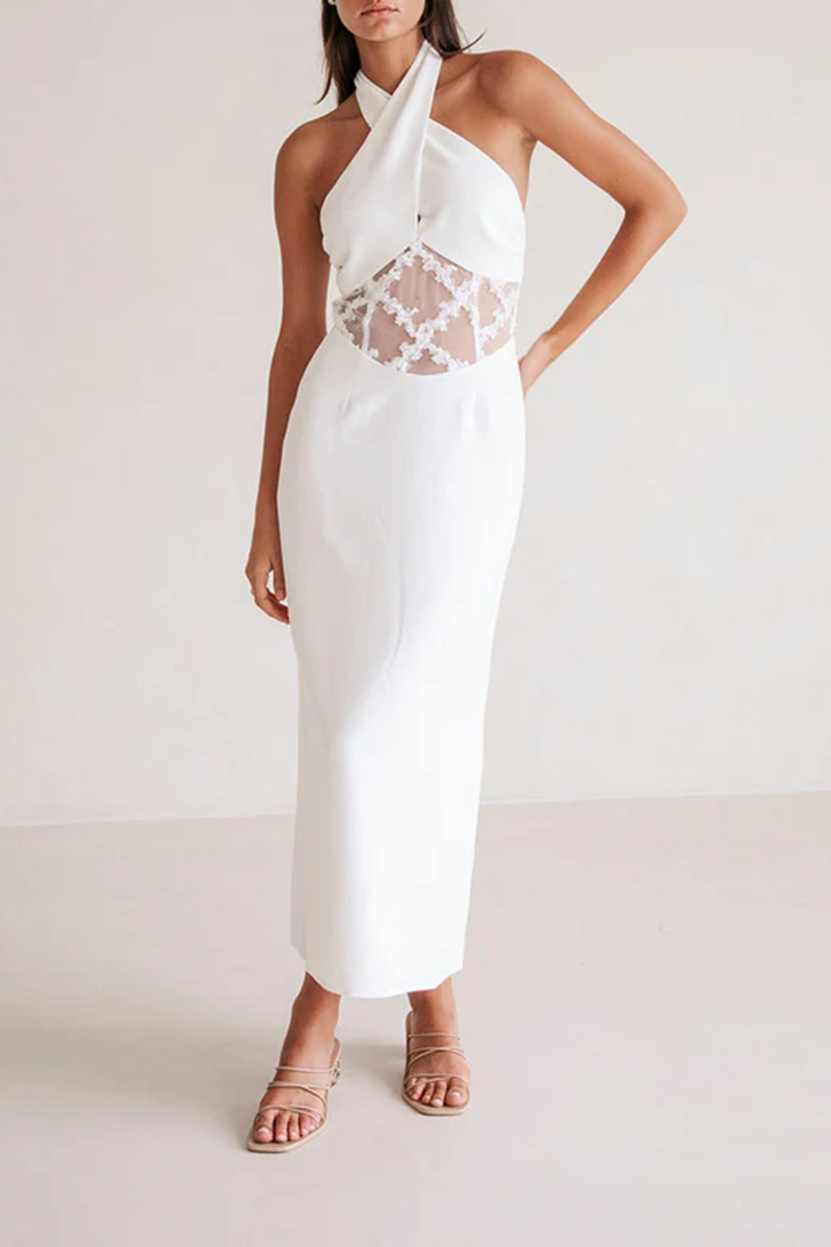 Halter Neck Mesh Insert Midi Dress