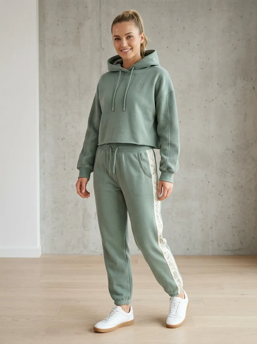 Women's Sage Green Botanical Side-Stripe Printed Hooded Tracksuit