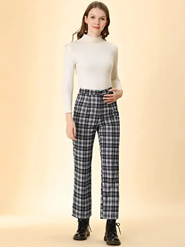 Women's Plaid Cropped Trousers Button Casual Tartan Check Work Pants