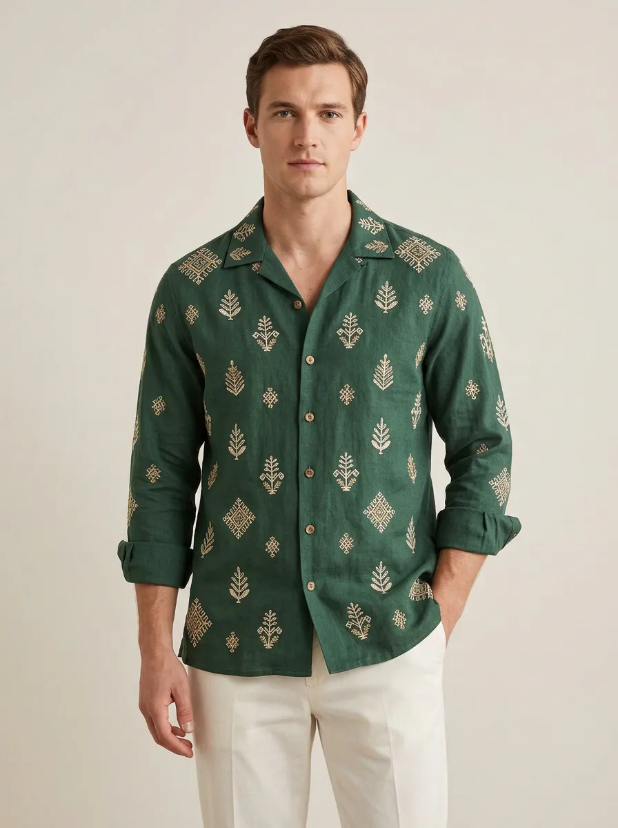 Men's Refined Geometric Folk Printed Linen Shirt