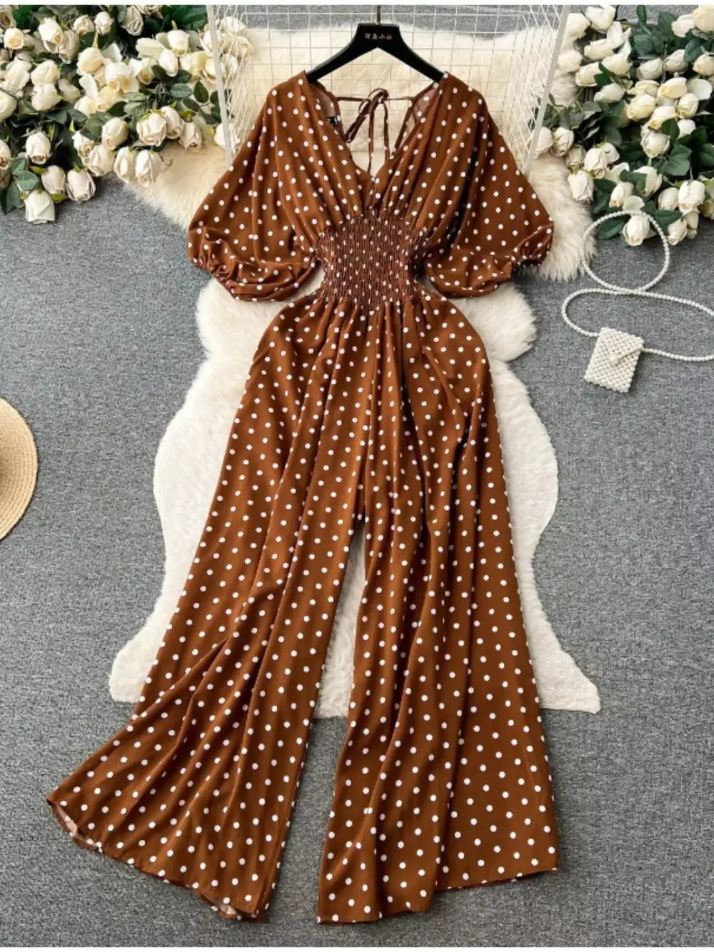 Smocked V Neck Wide Leg Jumpsuit