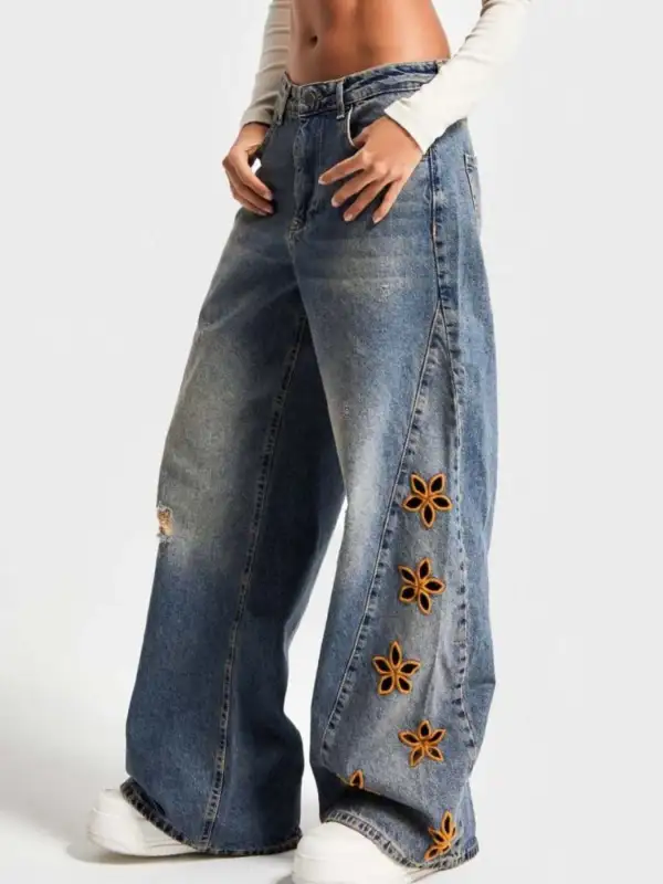 Wide Leg Embroidered Denim Jeans