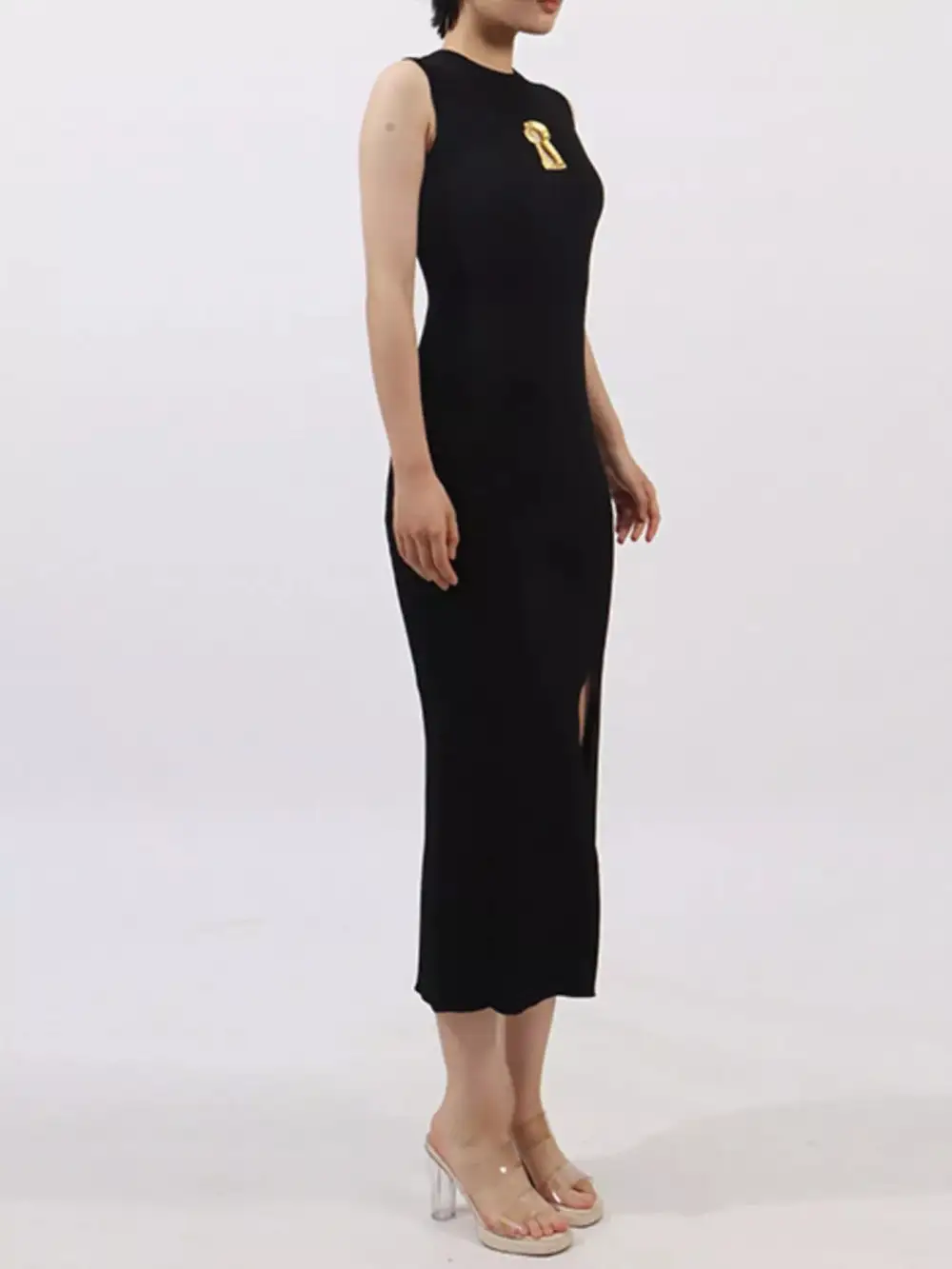 Smooth Finish Round Neck Slit Sleeveless Dress