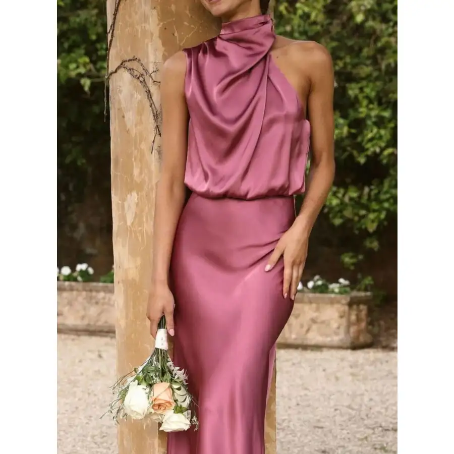 Asymmetrical Ruched Sleeveless Midi Dress