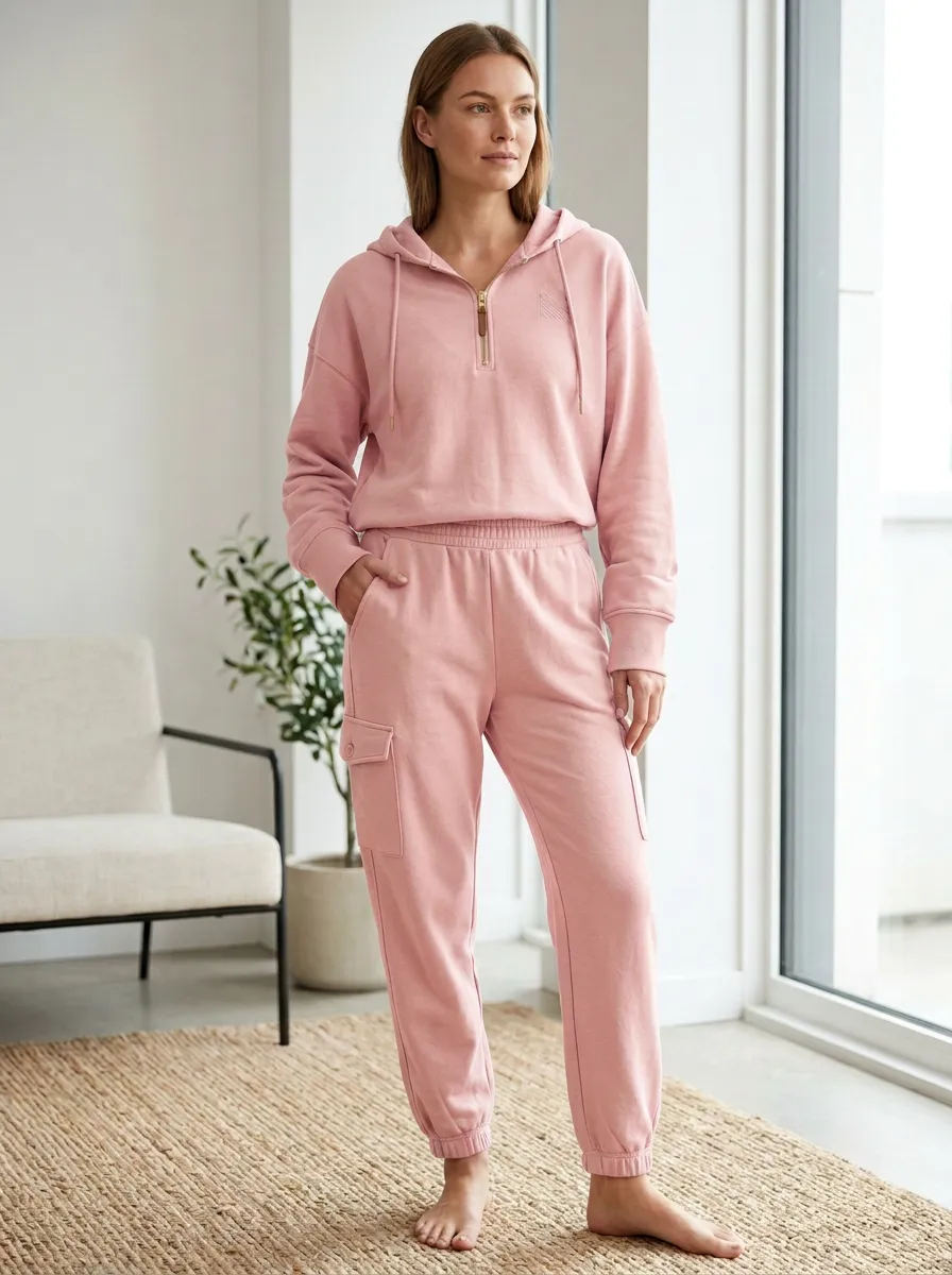 Women's Beige Minimalist Quarter-Zip Cargo Jogger Set