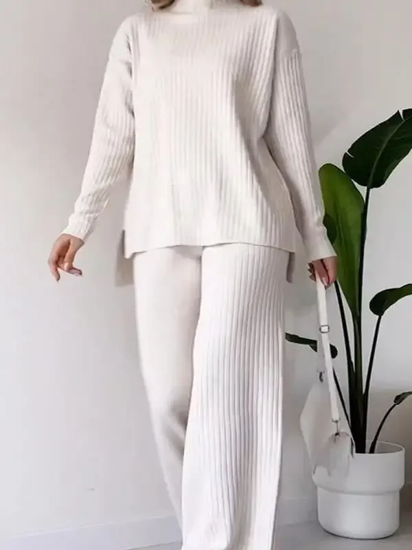 Stylish Solid Color Turtleneck Blouse Casual Pantsuit
