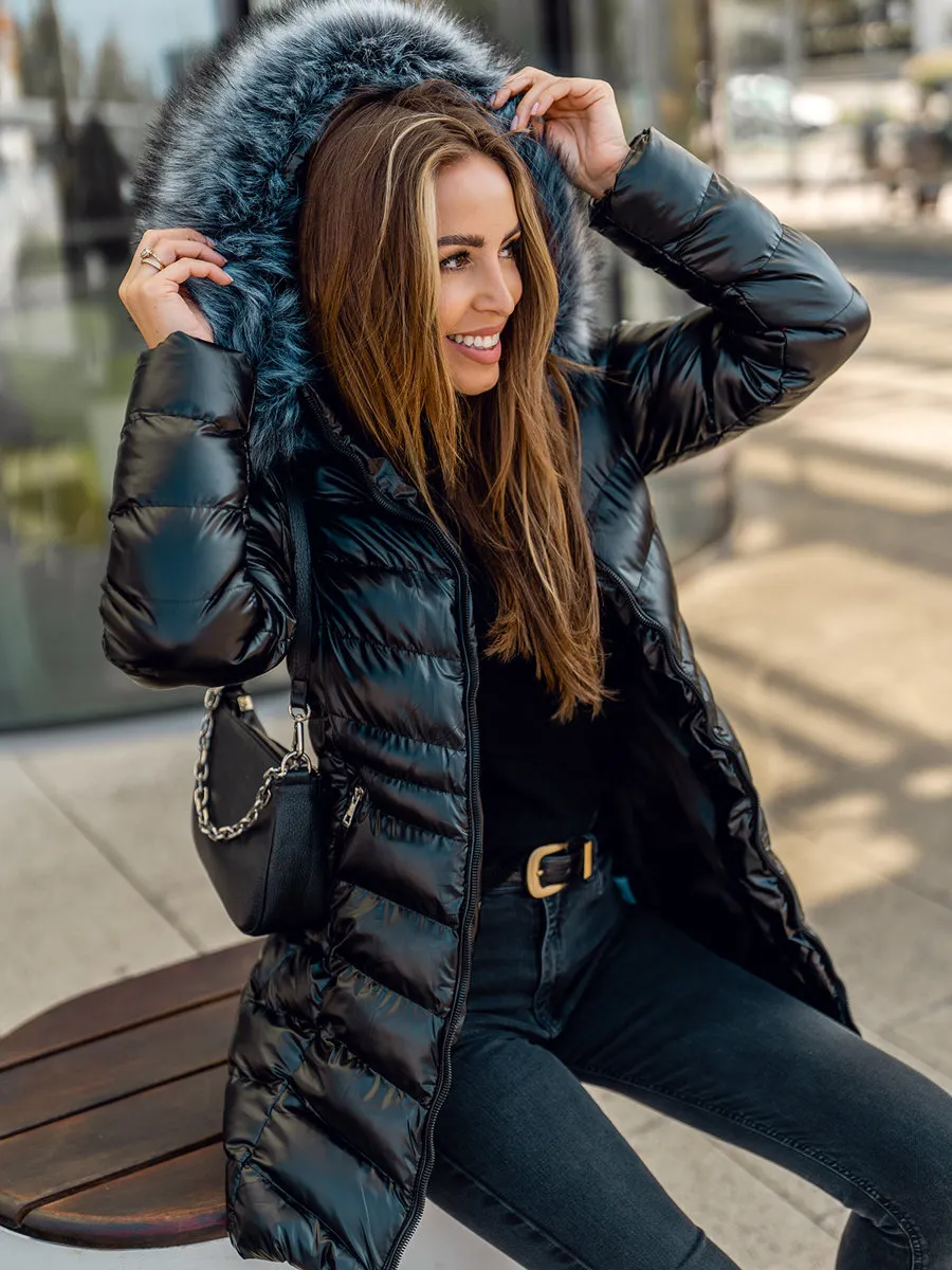 black women's long quilted winter jacket with hood
