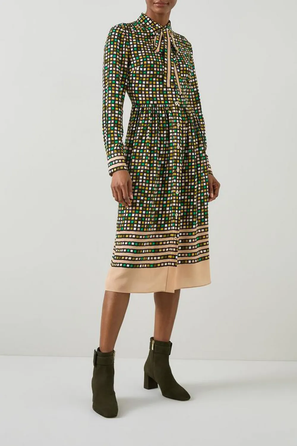 Green Checkered Tie Neck Two Tone Dress