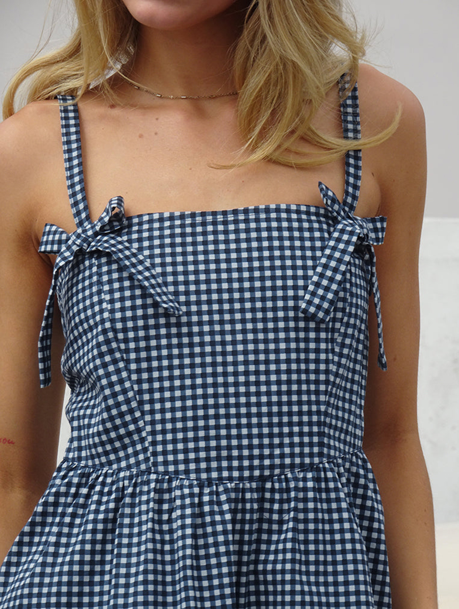 Midi Dress In Mini Dark Blue Gingham