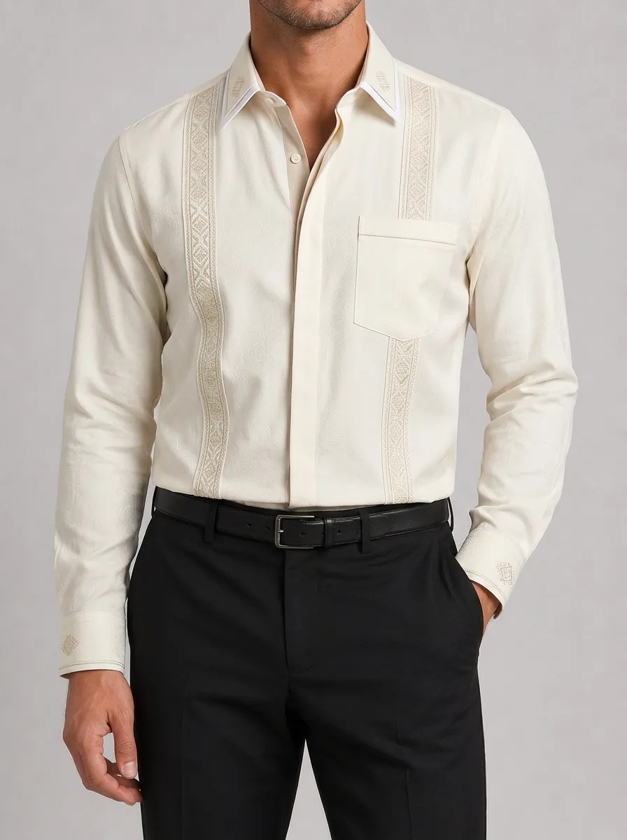 Men's Casual Wedding Mexican Guayabera Embroidered Long Sleeve Shirt