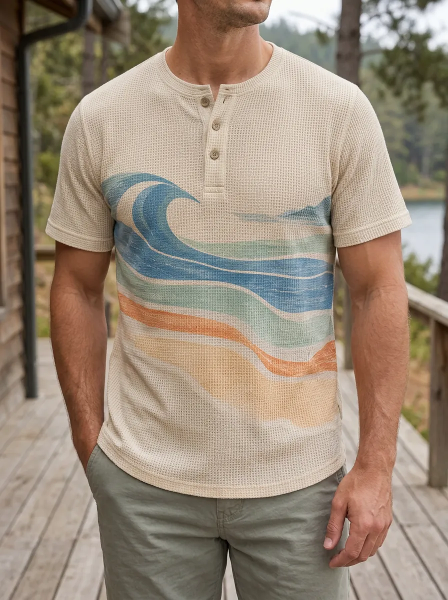 Men's Beach Lover Ocean Wave Printed Waffle Henley T-shirt