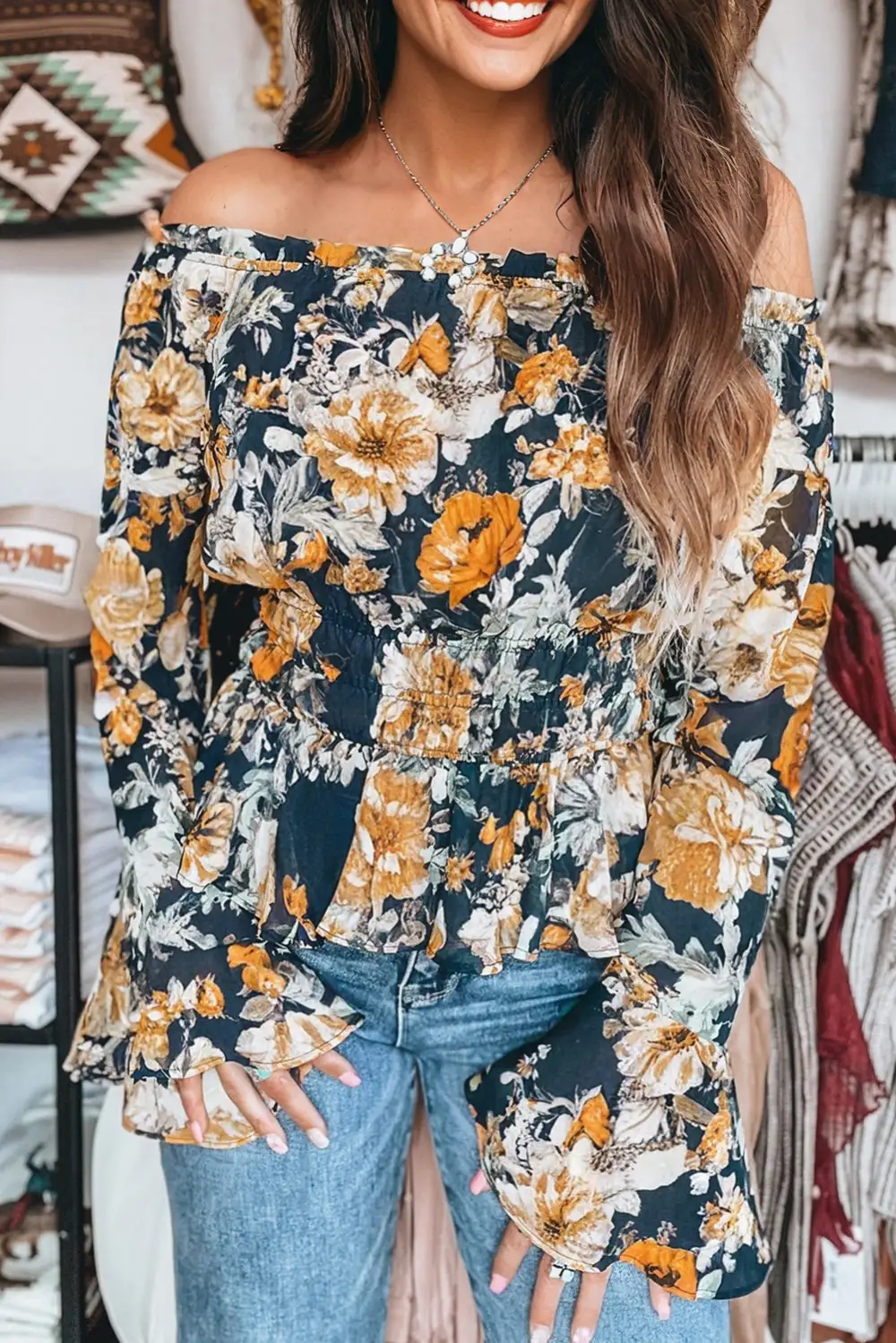 Floral Bell Sleeve Off Shoulder Top
