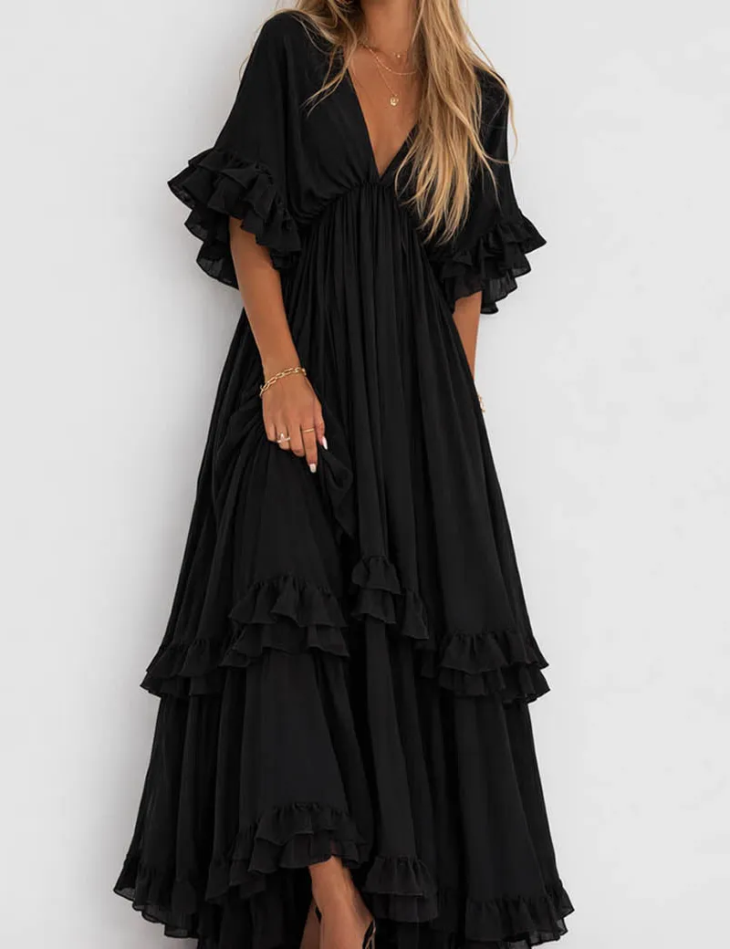 Chic V Neck Ruffle Sleeves Tiered Midi Dress