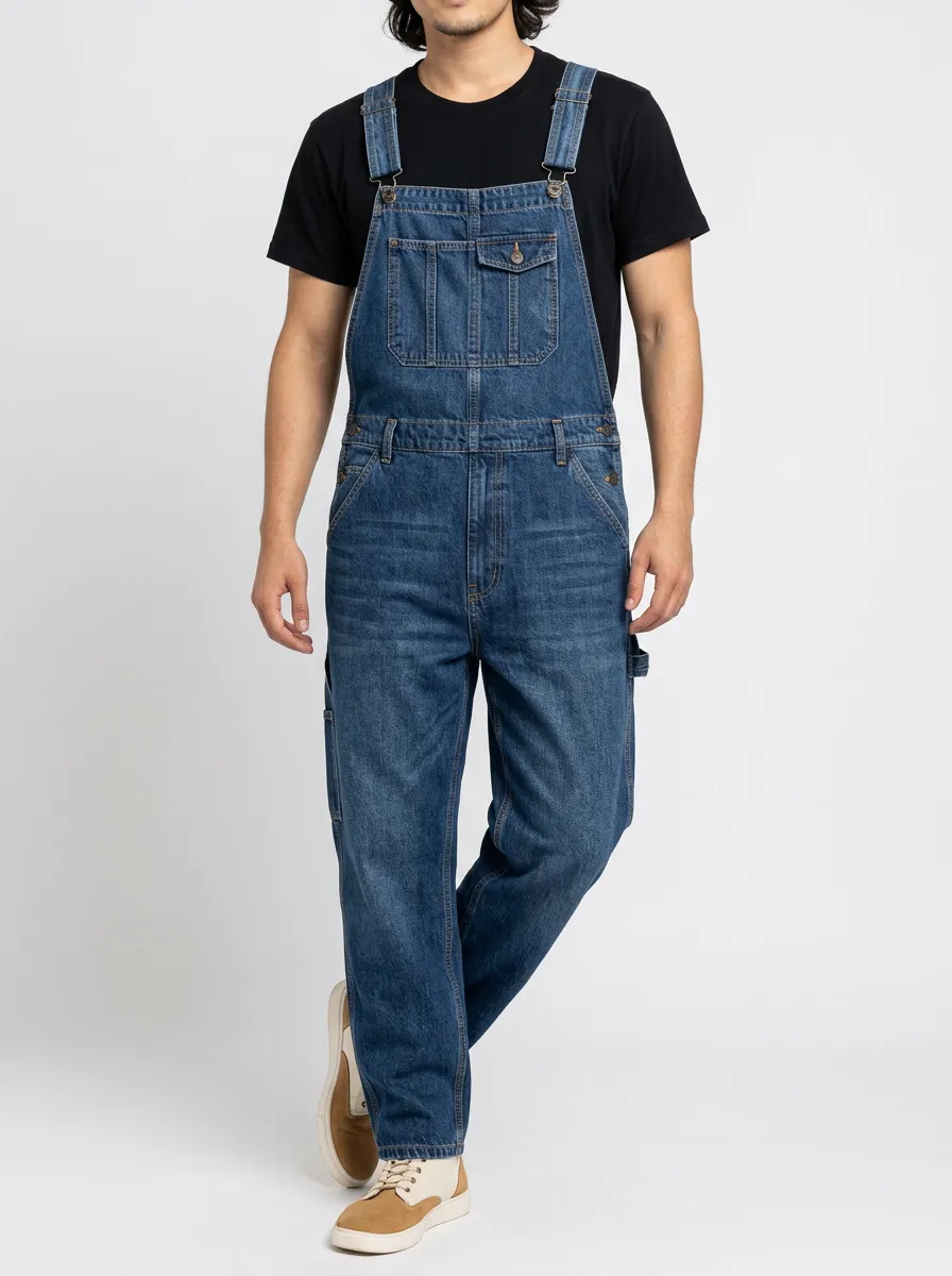 Men's Casual Vintage Blue Denim Relaxed-Fit Overalls