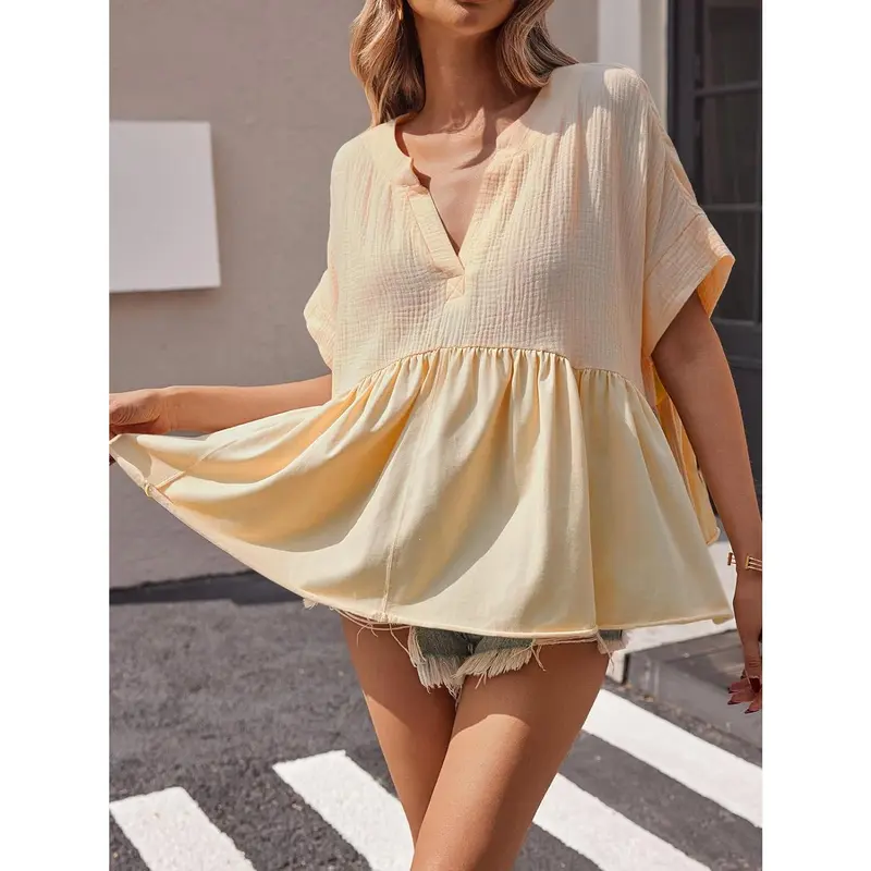 🔥 Women's Summer V-Neck Babydoll Tops | Short Sleeve Pleated Flowy Blouse