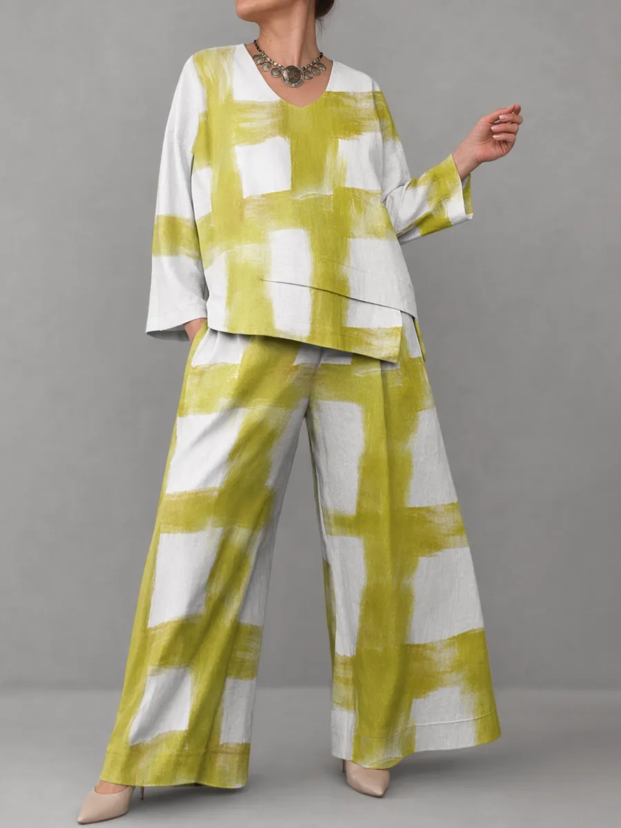 Print V Neck Blouse And Pants Set