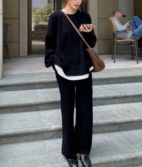 Relaxed Round Neck Wide Leg Sweater And Pants Set