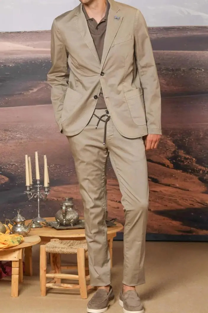 Men's Dove Gray Cotton Twill Elastic Waist Slim Fit Trousers