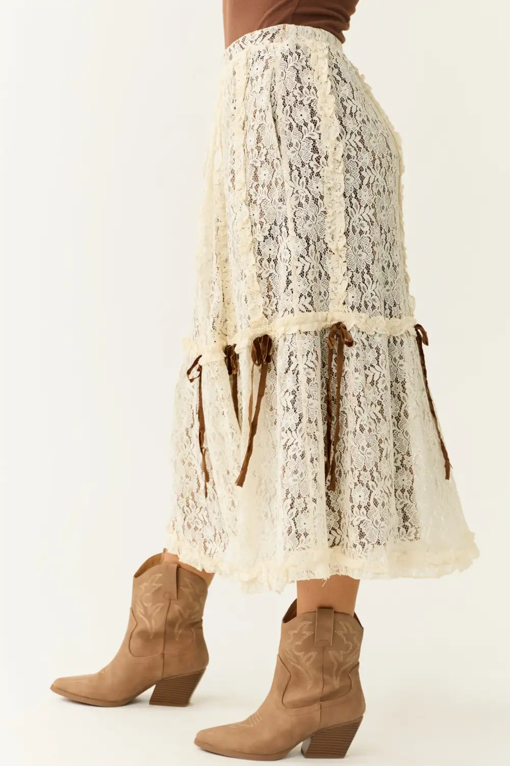 Cream Lace Maxi Skirt with Velvet Bow Detail