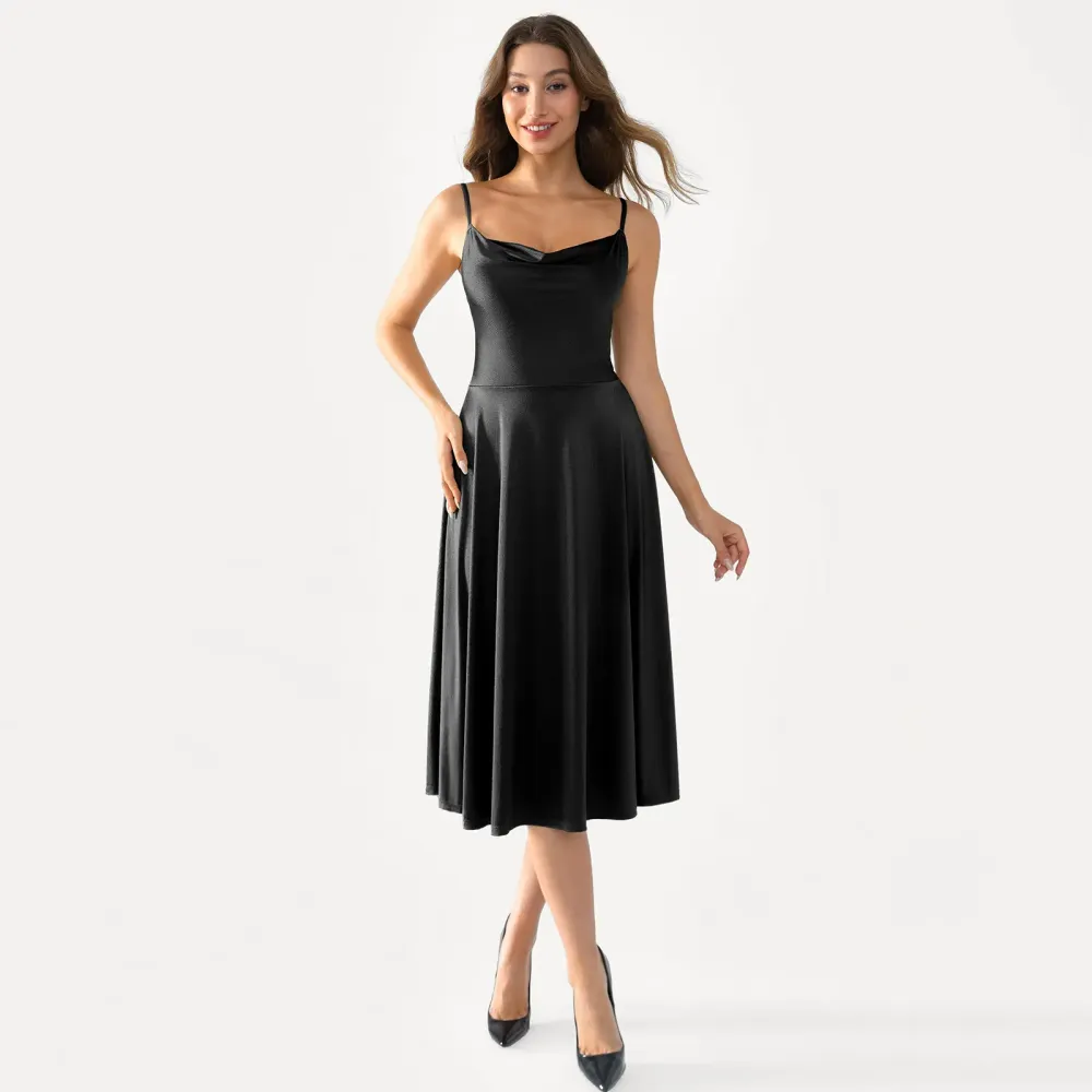 Satin Midi Slip Dress with Cowl Neck and Flared Hem