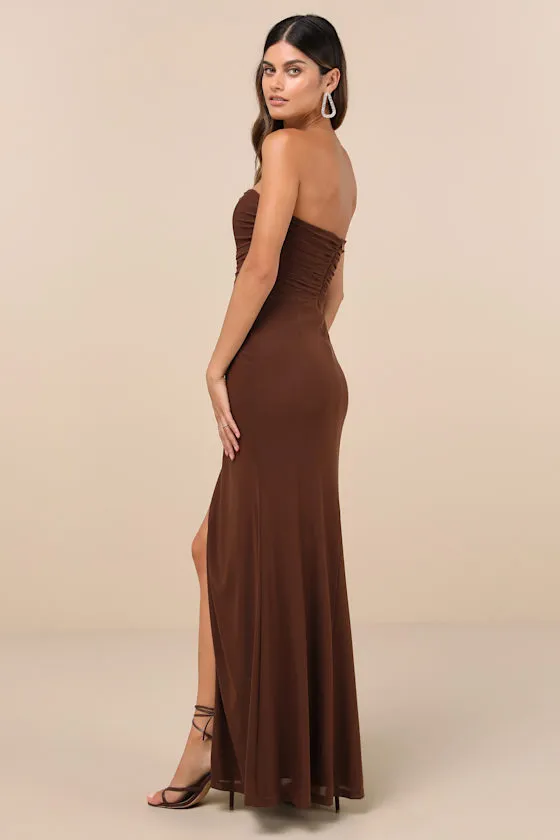 Epitome of Allure Brown Mesh Strapless Ruched Maxi Dress