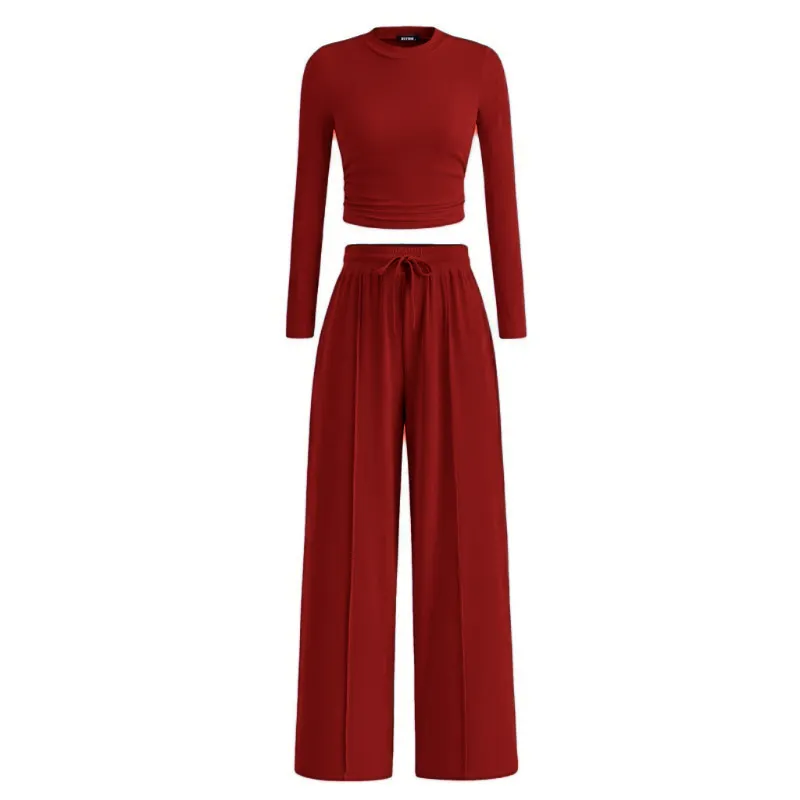 Women's 2-Piece Ribbed Knit Long Sleeve Crop Top Wide Leg Pants Matching Lounge Set Loungewear
