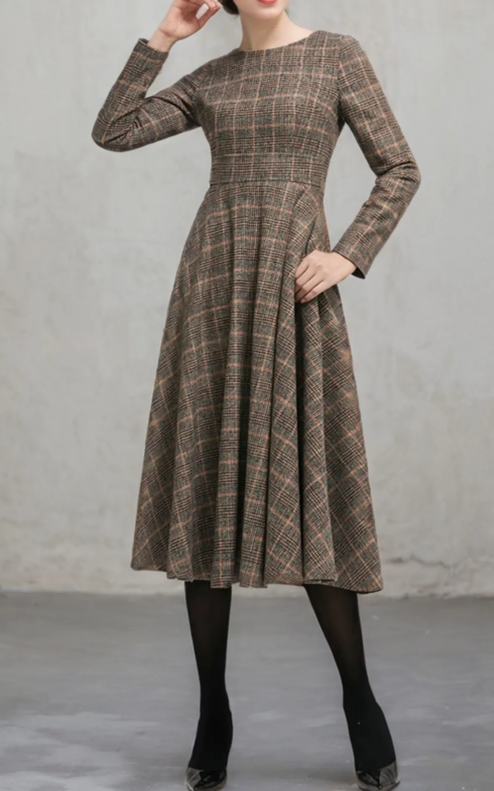 Tailored Plaid Wool Blend Fit And Flare Long Sleeve Midi Dress