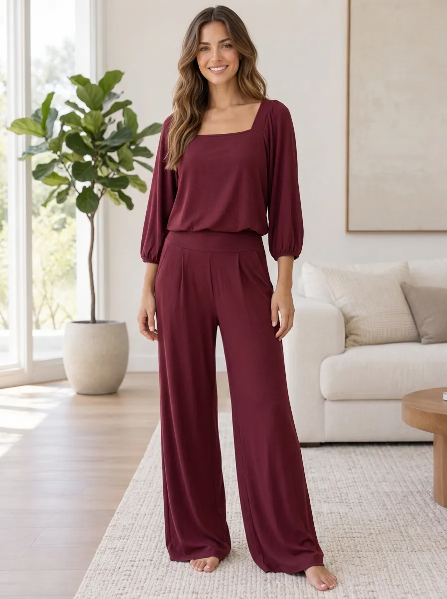 Comfort Focused Women's Ribbed Wide Leg Relaxed Set