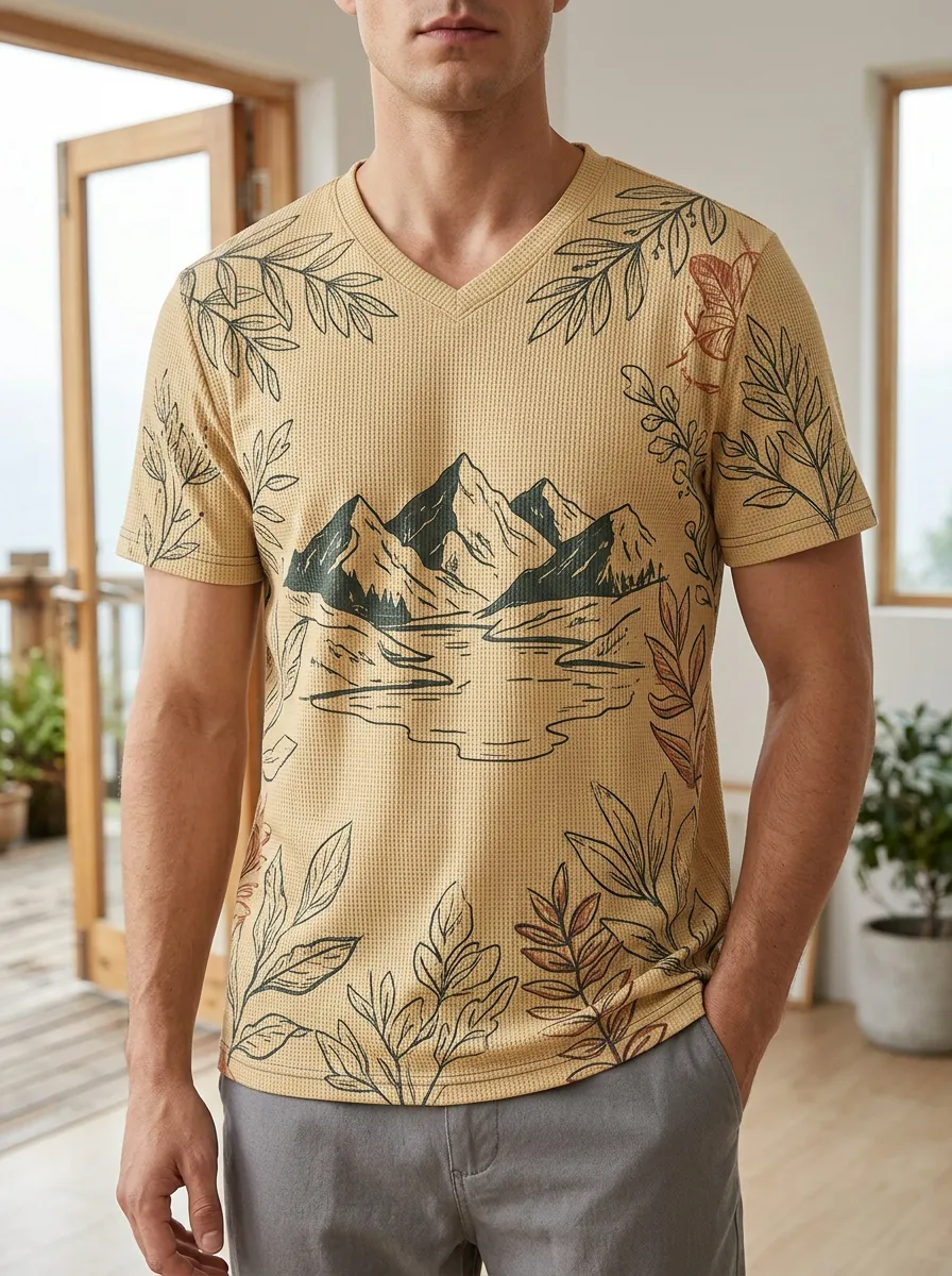 Men's Scenic Nature Lover Mountain Lake Botanical V-Neck T-Shirt