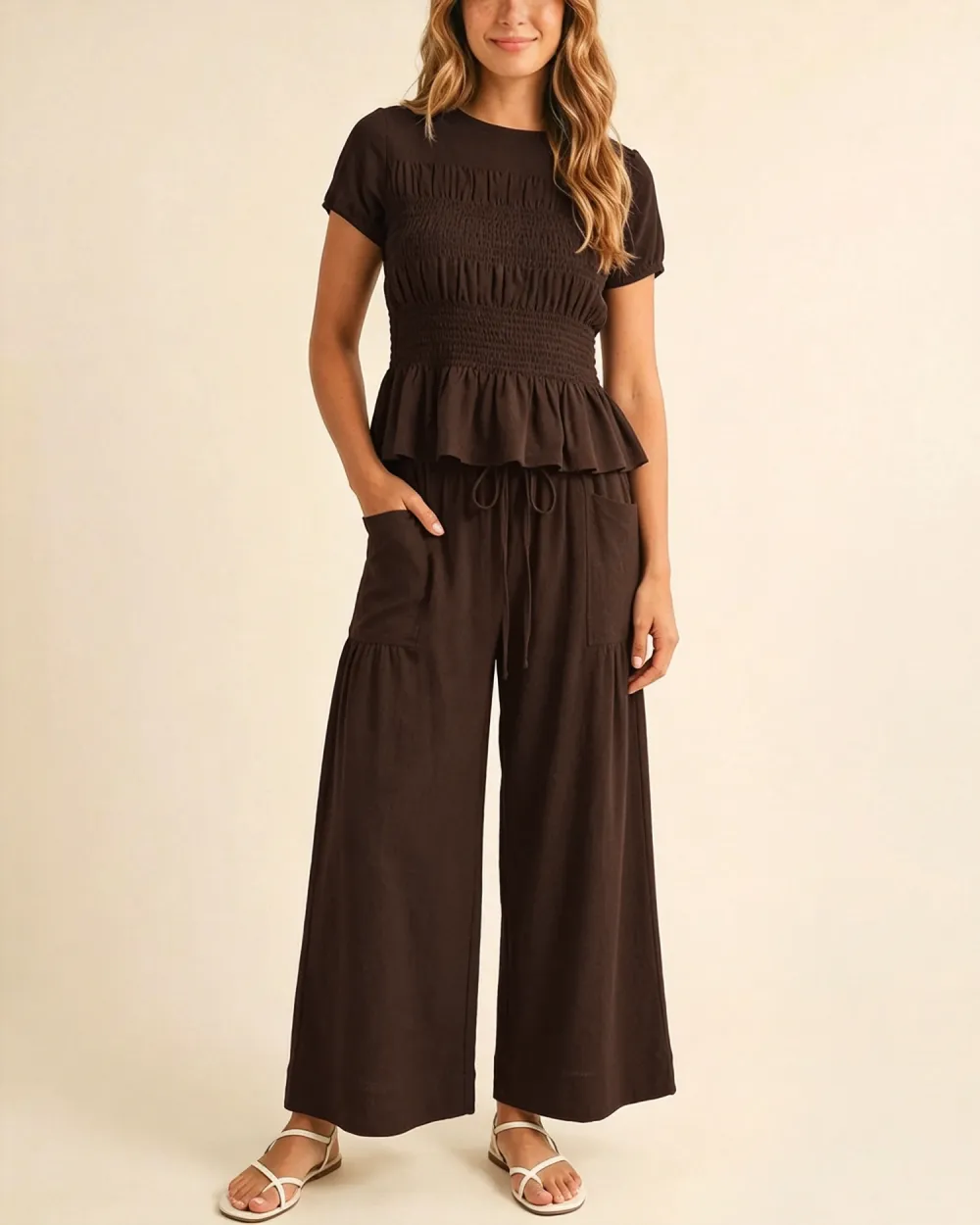 Women's 2-Piece Smocked Top and Wide-Leg Pants Set