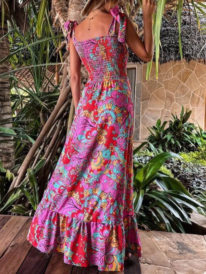 Resort Printed Sling Sleeveless Slit Maxi Dress