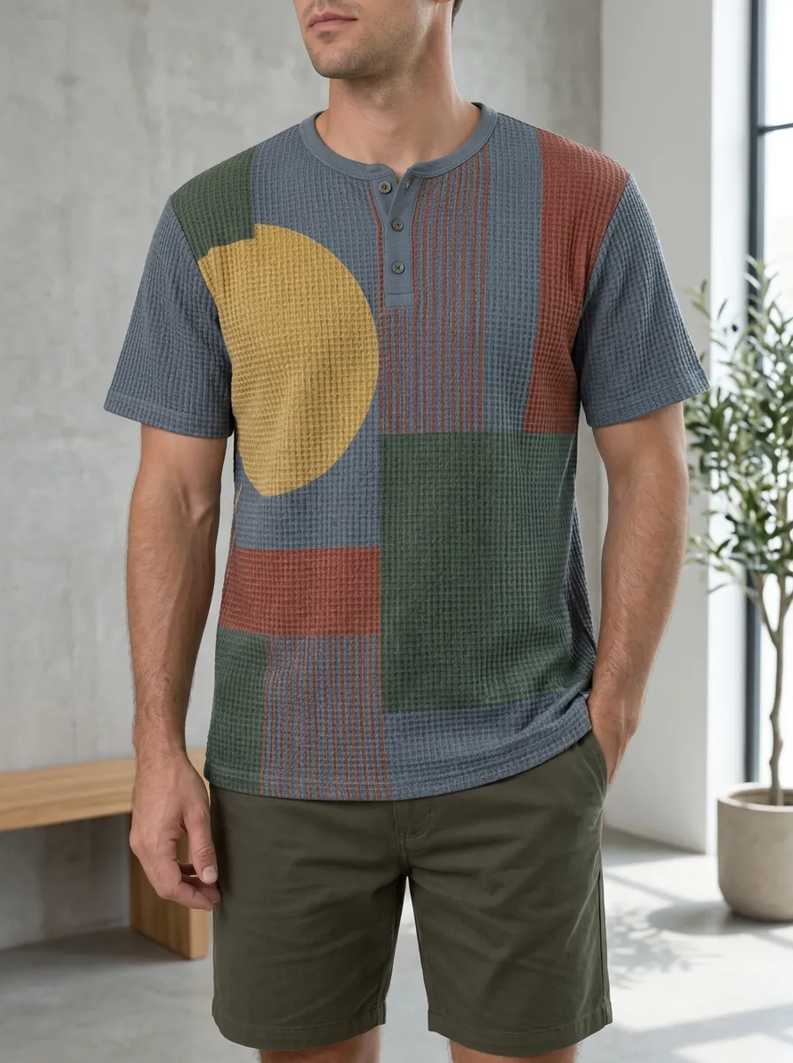 Men's Relaxed Geometric Colorblock Waffle Knit Henley T-Shirt