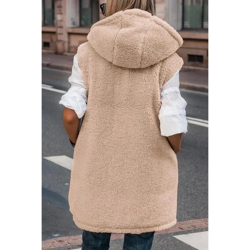 Women's military green double-faced fleece vest with pockets and a hood, long zip-up coat