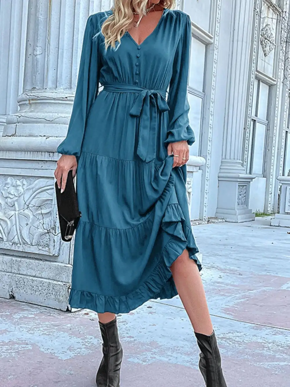 Smooth Finish V Neck Ruffle Dress