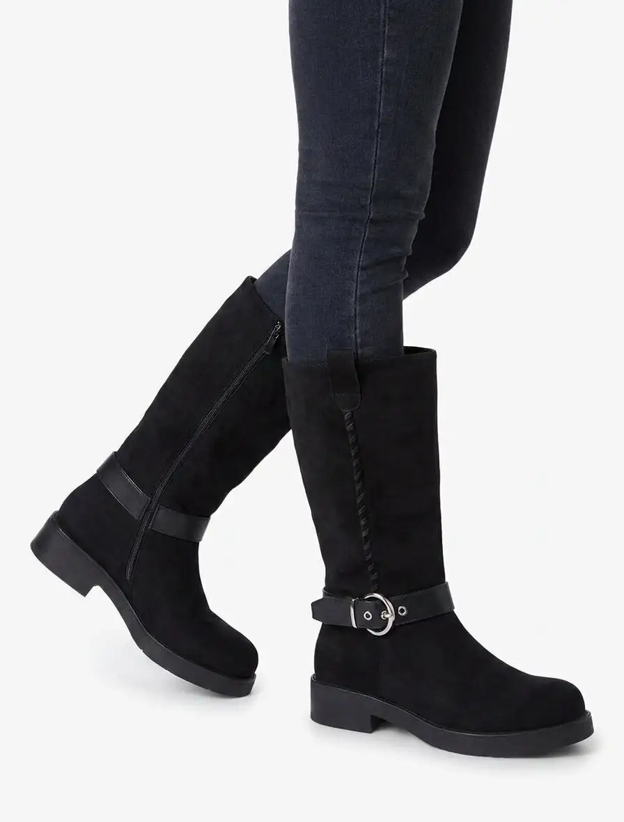 Classic Strap Detail Block Heel Faux Suede Knee High Boots