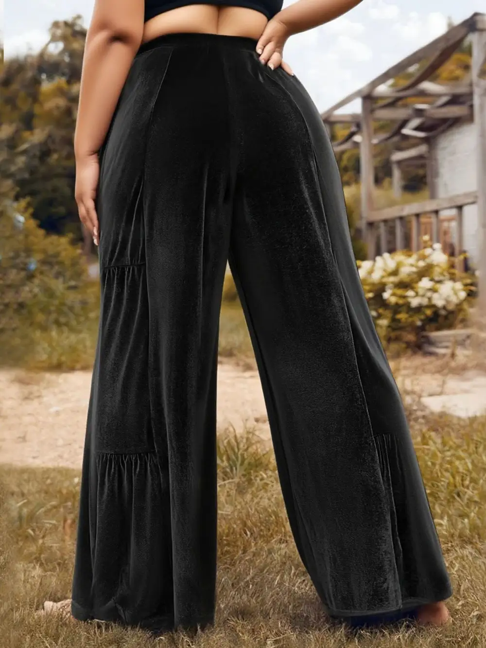 Classic Plus Size Velvet Ruffle Hem Wide Leg Pants