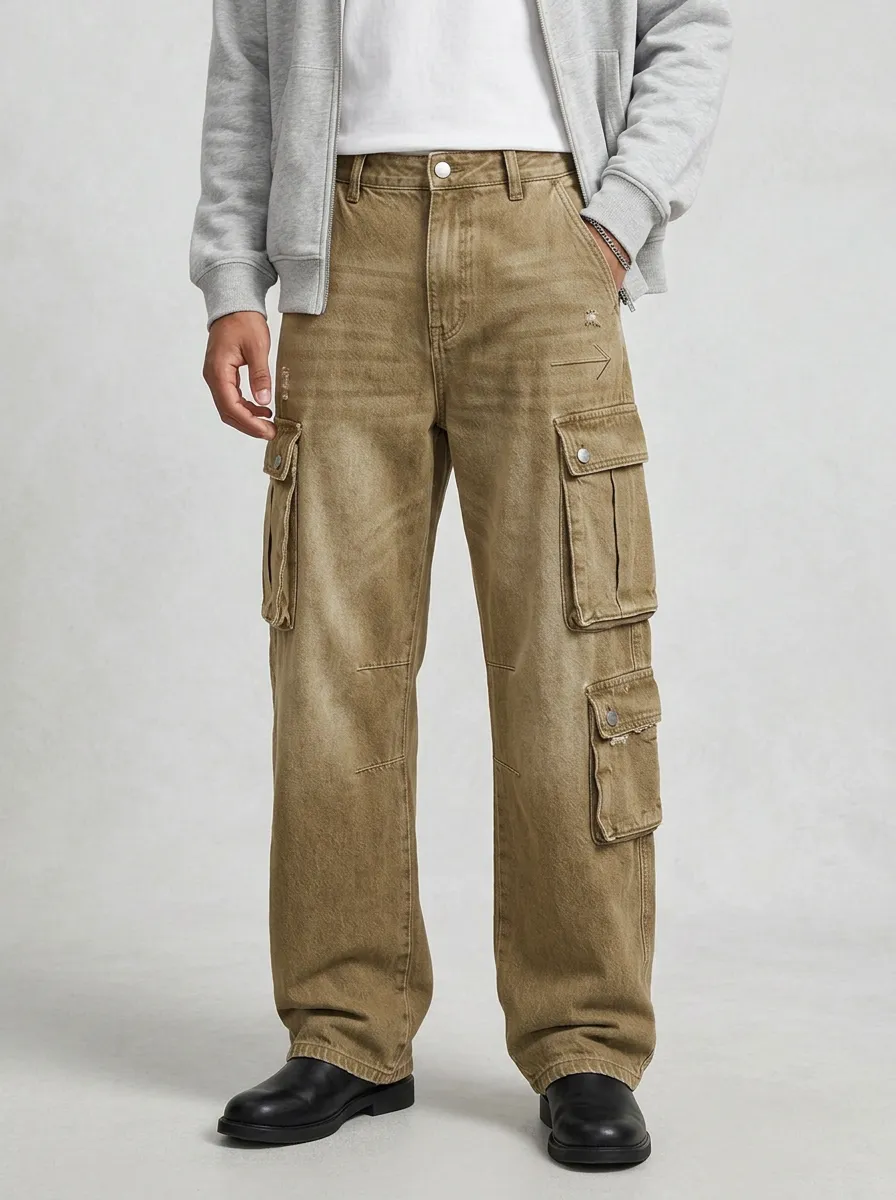 Men's Streetwear Washed Black Arrow Printed Cargo Pants