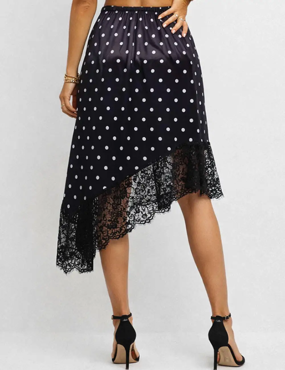 Romantic Polka Dot Satin Irregular Lace Hem Midi Skirt