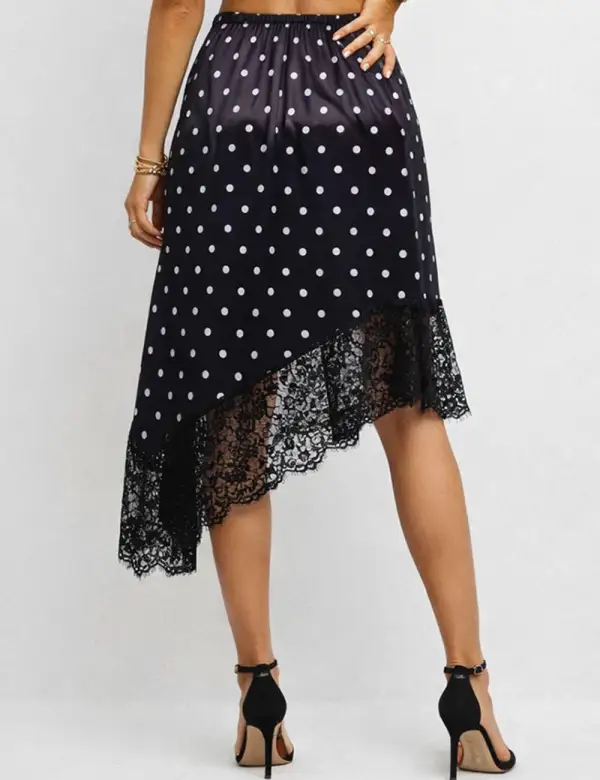 Romantic Polka Dot Satin Irregular Lace Hem Midi Skirt