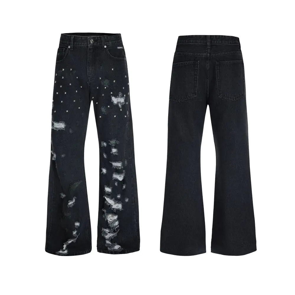 Distressed Studded Wide Leg Jeans