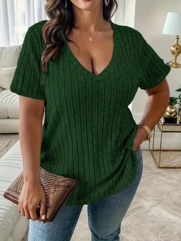 Women Plus Size Summer V-Neck Tee – Casual Short Sleeve Top