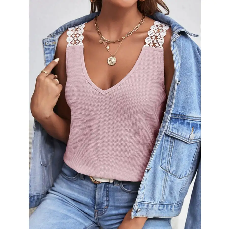 Lace Detail Waffle Knit V Neck Tank