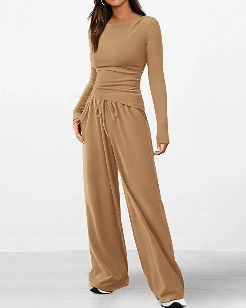 Asymmetrical Long Sleeve Top and Wide Leg Pants Lounge Set